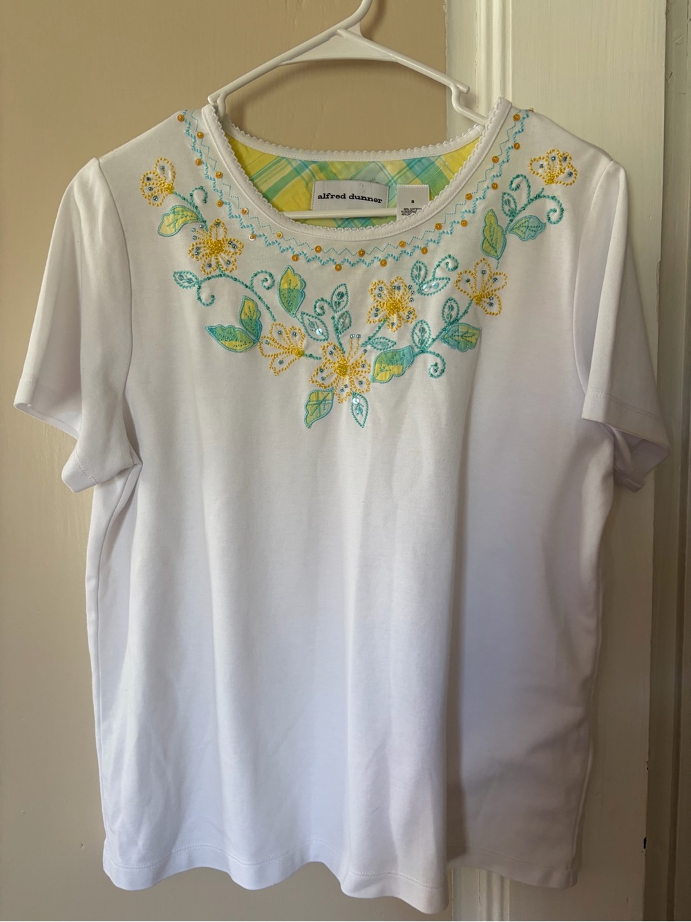 Alfred Dunner White Short-Sleeve Top with Yellow & Teal Floral Embroidery